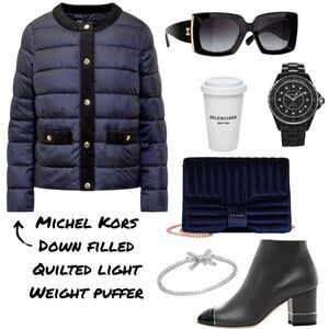 Michael Kors Navy Blue Light Weigh Down Filled Puffer Jacket With Corduroy Trim